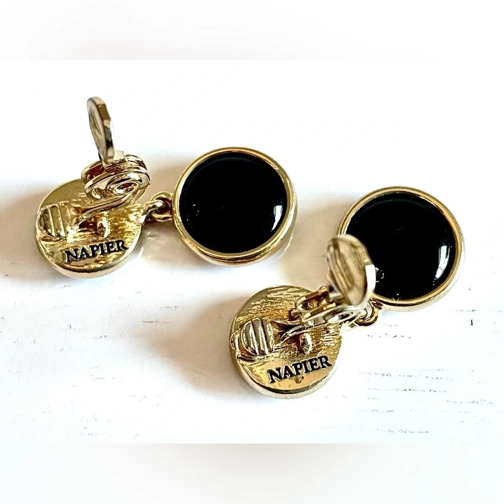 Napier Vintage Black Cabochon Gold Tone Drop Clip On Earrings Signed 1980s EUC
